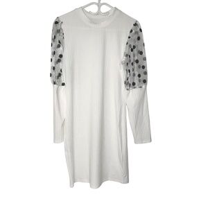 White Ribbed Knit Dress with Sheer Polka Dot Puff Sleeves/Dress Shirt